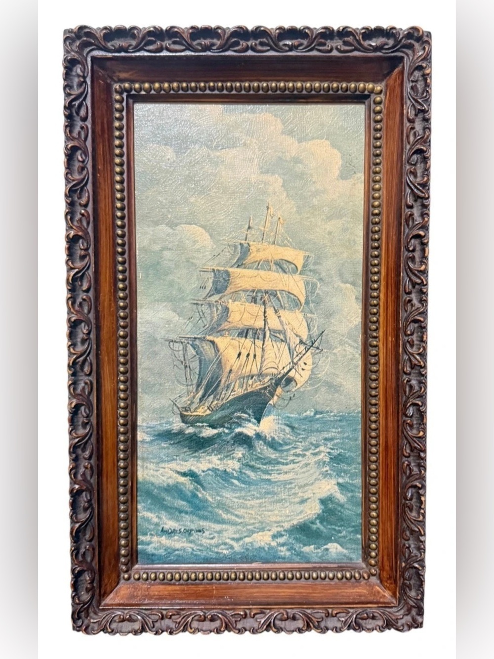 1960’s Nautical Framed Print “Spanish Caravelle” Ship By Andres Orpinas 9”X15”